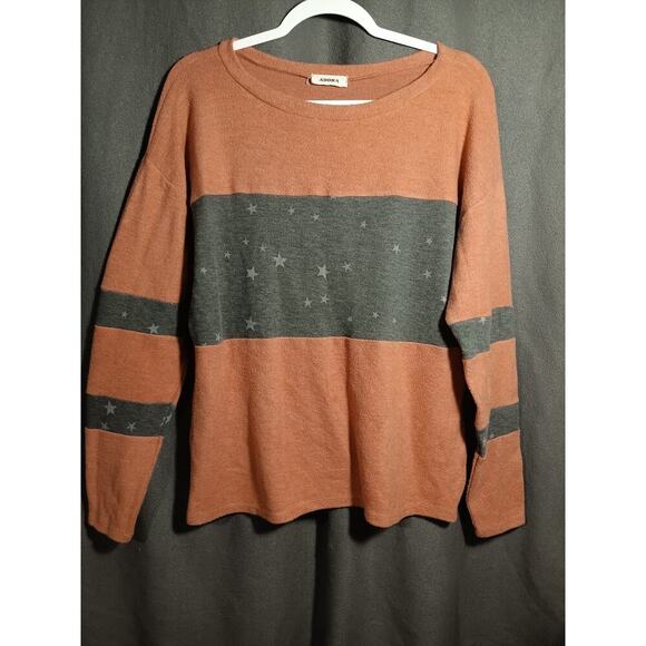 Worthington Sweaters - Adora Women’s Small Rust Orange Stripe Star Print Lightweight Soft Long Sleeve